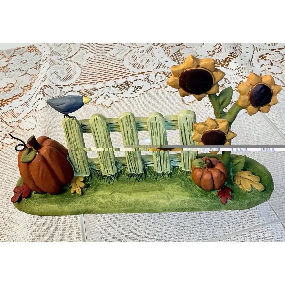 Blossom Bucket Suzi Resin Fall Pumpkin Fence Flower Bird Figurine 116-84563 Rare